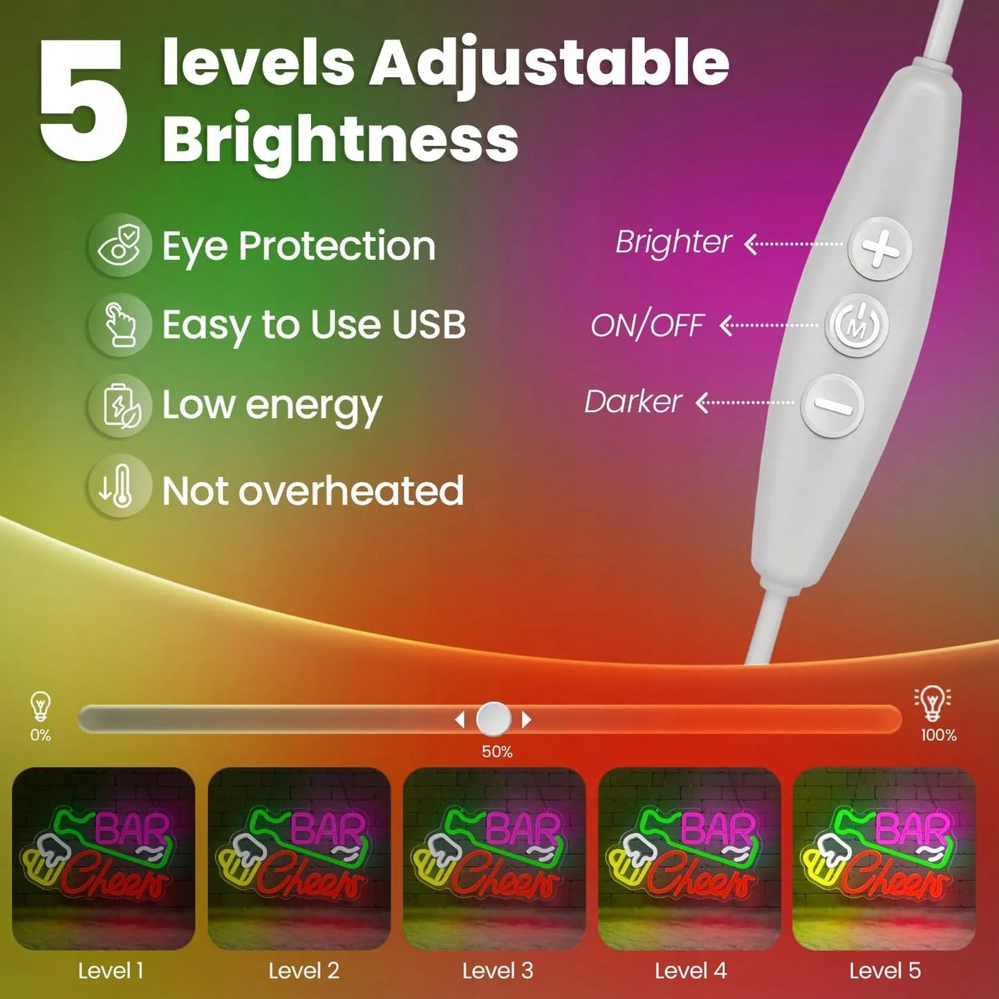 Dekoracinis LED neonas BAR CHEERS, daugiaspalvis, reguliuojamas, 33x20 cm, USB