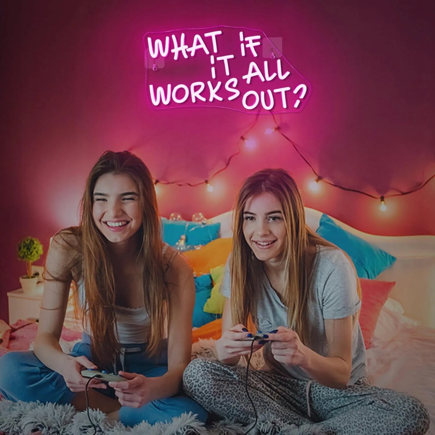 Dekoracinis LED neonas Wanxing „WHAT IF IT ALL WORKS OUT“, rožinis, 41x22 cm, su USB jungtimi