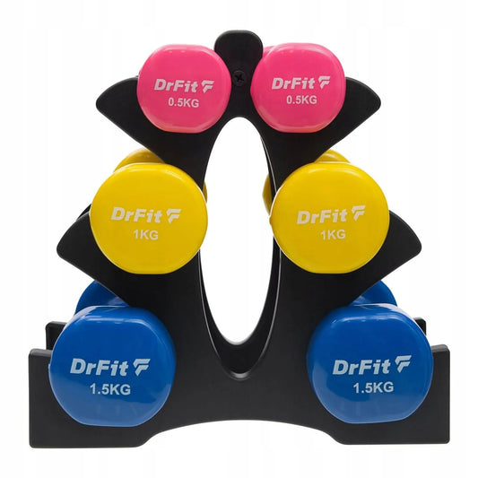 DrFit hantelių rinkinys su stovu, gumuoti, spalvoti, 6 vnt., skirtingo svorio, 6 kg
