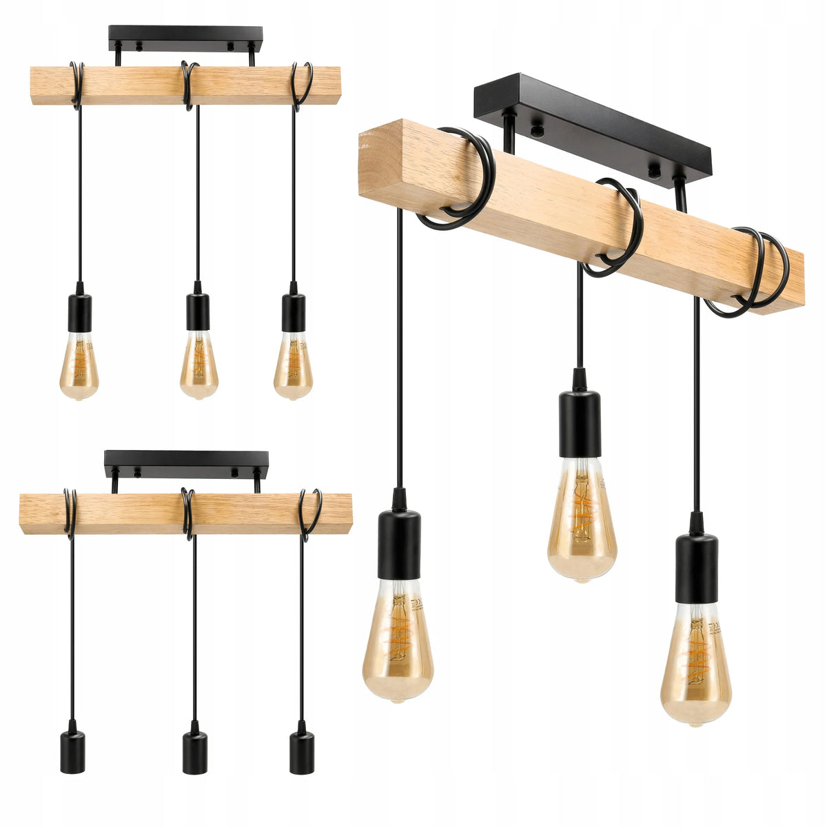 LED-ONE LOFT pakabinamas lubinis šviestuvas su medine sija, juodas, 3 x E27