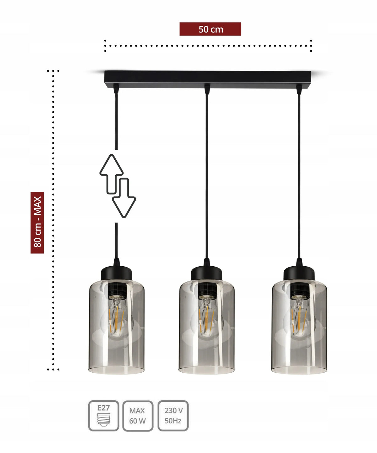 Pakabinamas lubinis šviestuvas, juodas stiklinis „Glass Tube“ 535-BZ3 LED E27