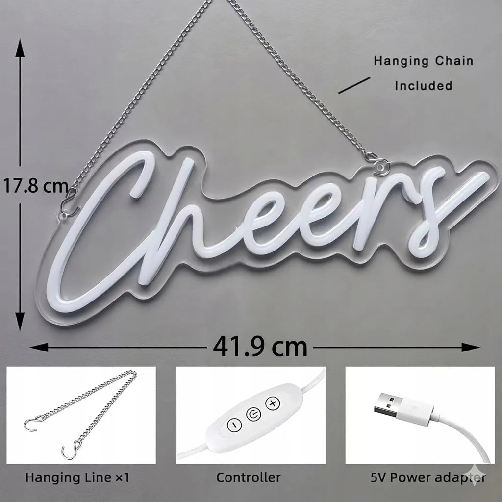 Wanxing dekoracinis LED neonas CHEERS, šilta balta spalva, reguliuojamas intensyvumas, 42x18 cm, USB