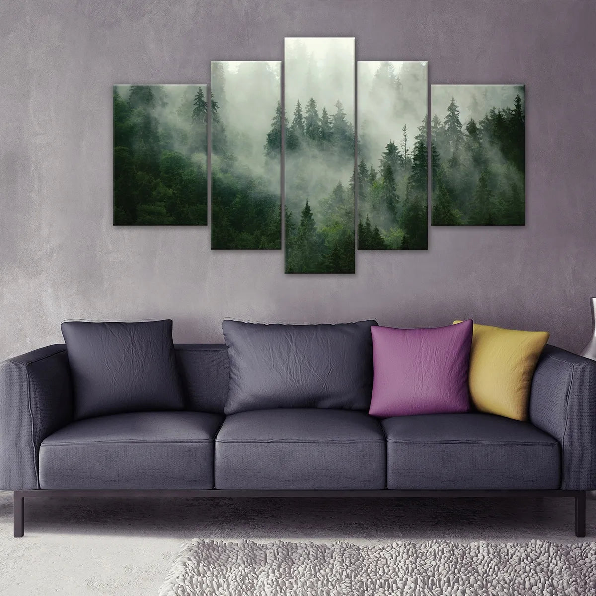5 dalių drobės paveikslas Miškas rūke, sieninis dekoras svetainei arba miegamajam 170x100 cm