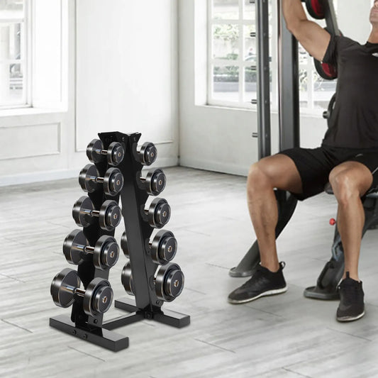 5 lygių „A“ formos plieninis hantelių stovas, skirtas namų sporto salėms, talpa 5 poros, apkrova iki 100 kg