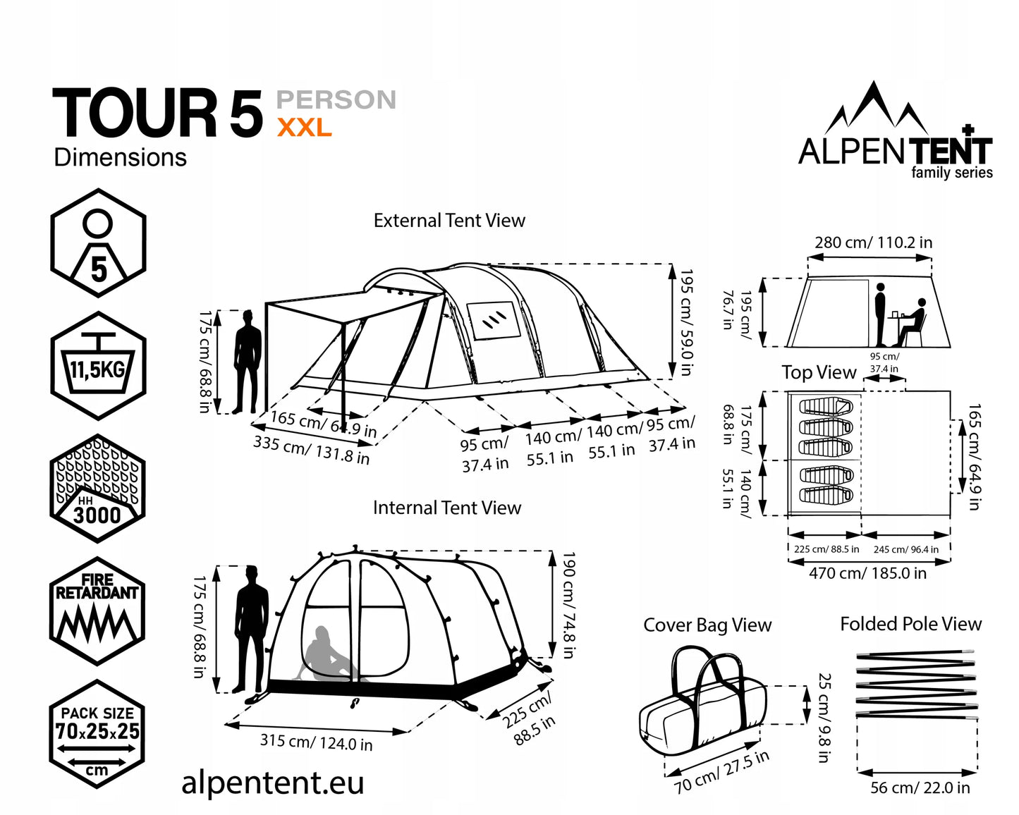 5 vietų palapinė AlpenTent Tour 5 XXL didelė 16 m²