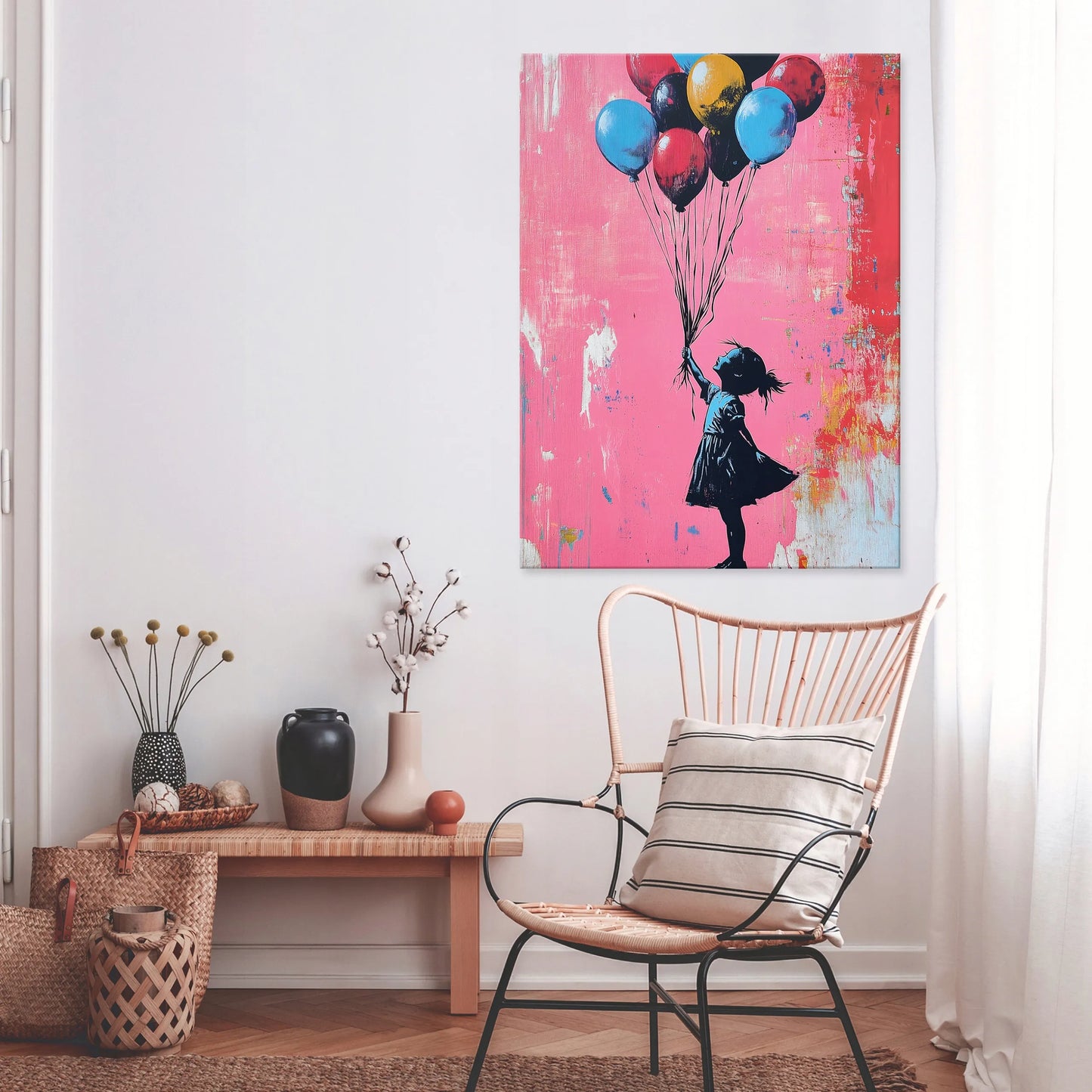ABSTRAKCIJOS PAVEIKSLAS BANKSY MERGAITĖ MIEGAMAJAM IR SVETAINEI, ANT DROBĖS 100x70