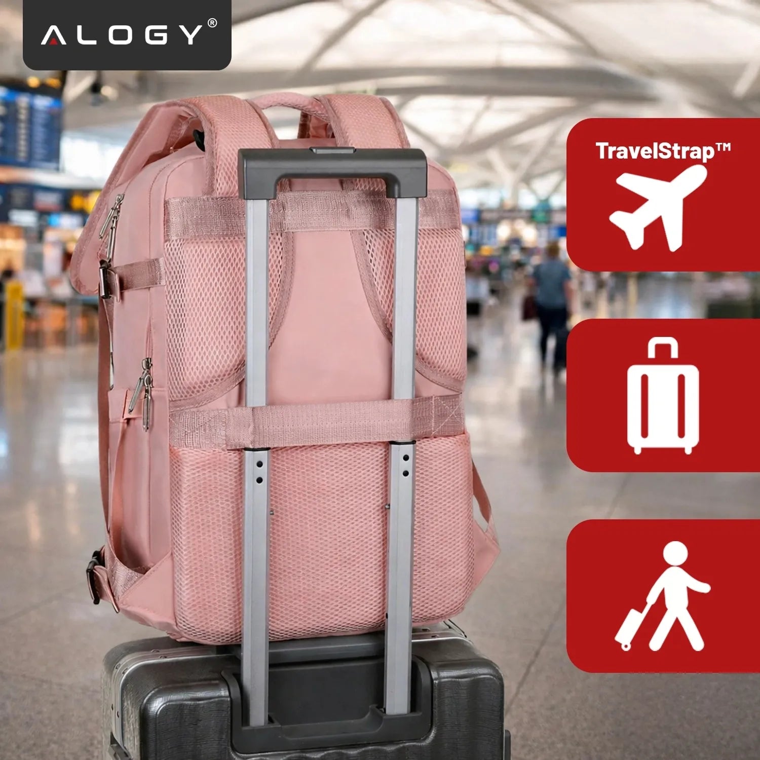 Alogy kelioninė kuprinė rankiniam bagažui į lėktuvą 45x30x20 Ryanair Wizz Air, rožinė