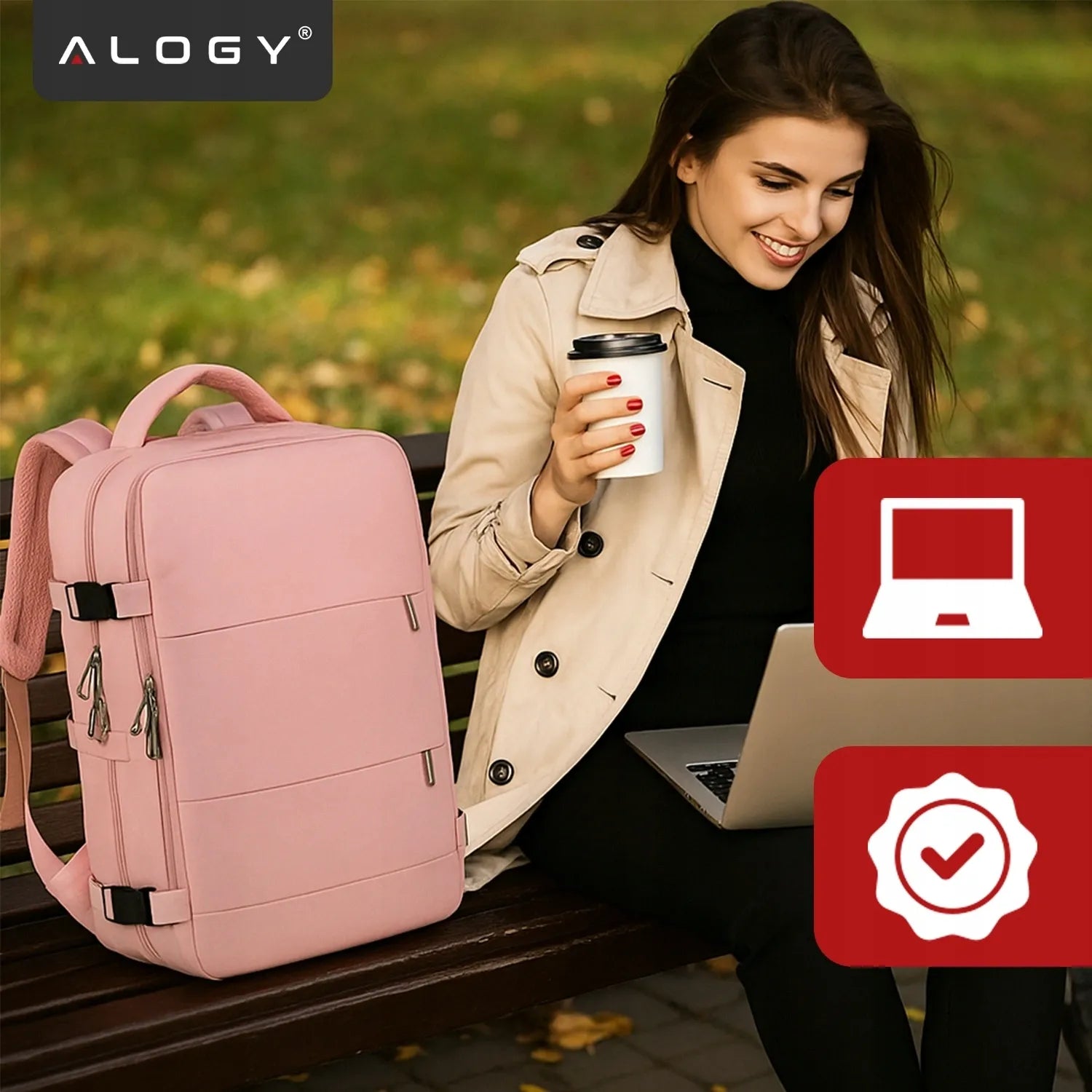 Alogy kelioninė kuprinė rankiniam bagažui į lėktuvą 45x30x20 Ryanair Wizz Air, rožinė