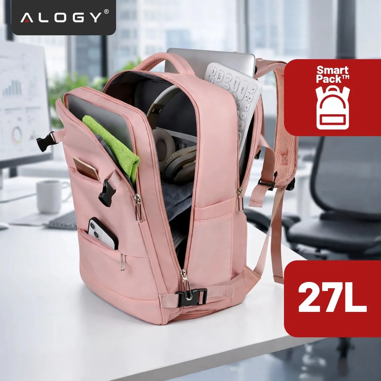Alogy kelioninė kuprinė rankiniam bagažui į lėktuvą 45x30x20 Ryanair Wizz Air, rožinė