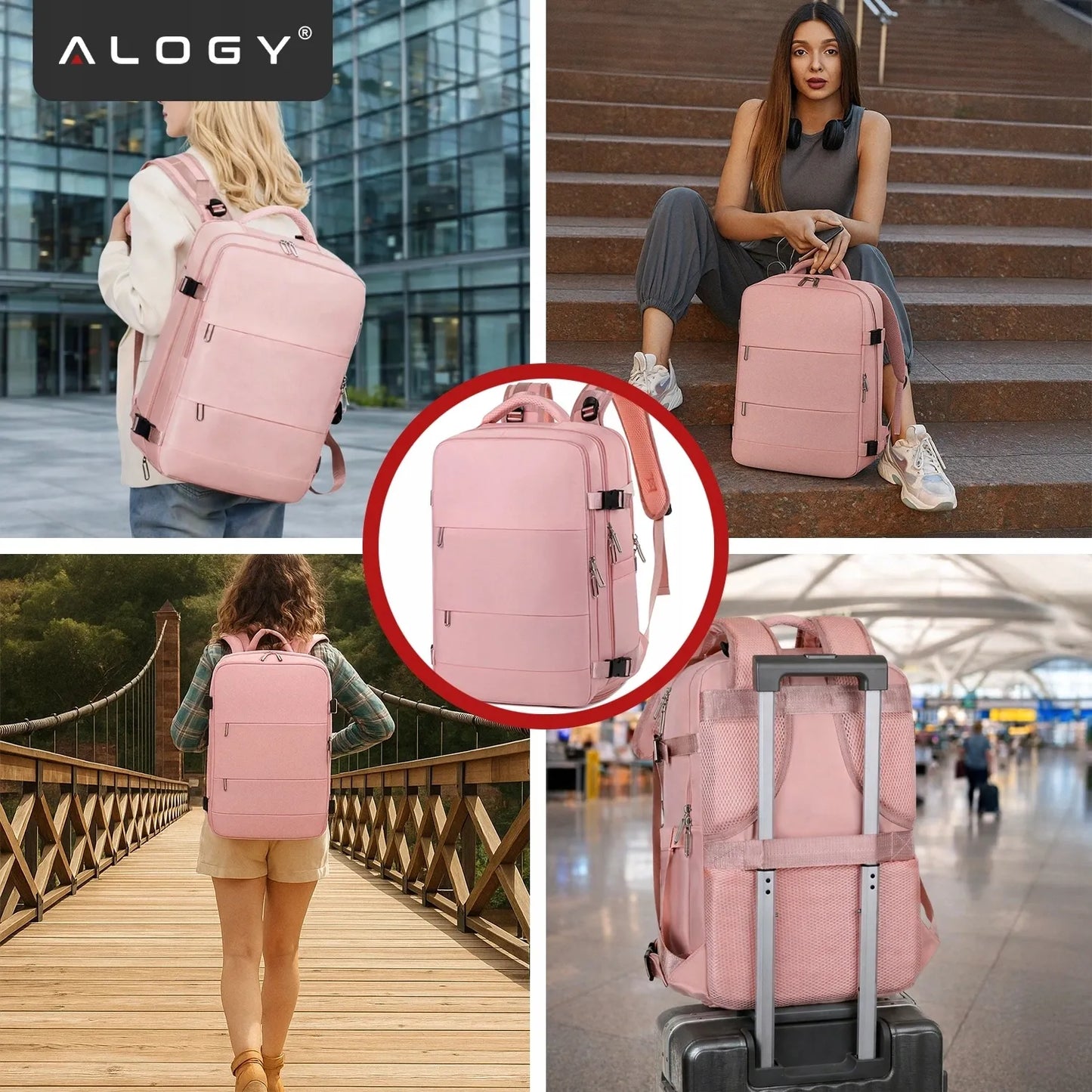 Alogy kelioninė kuprinė rankiniam bagažui į lėktuvą 45x30x20 Ryanair Wizz Air, rožinė