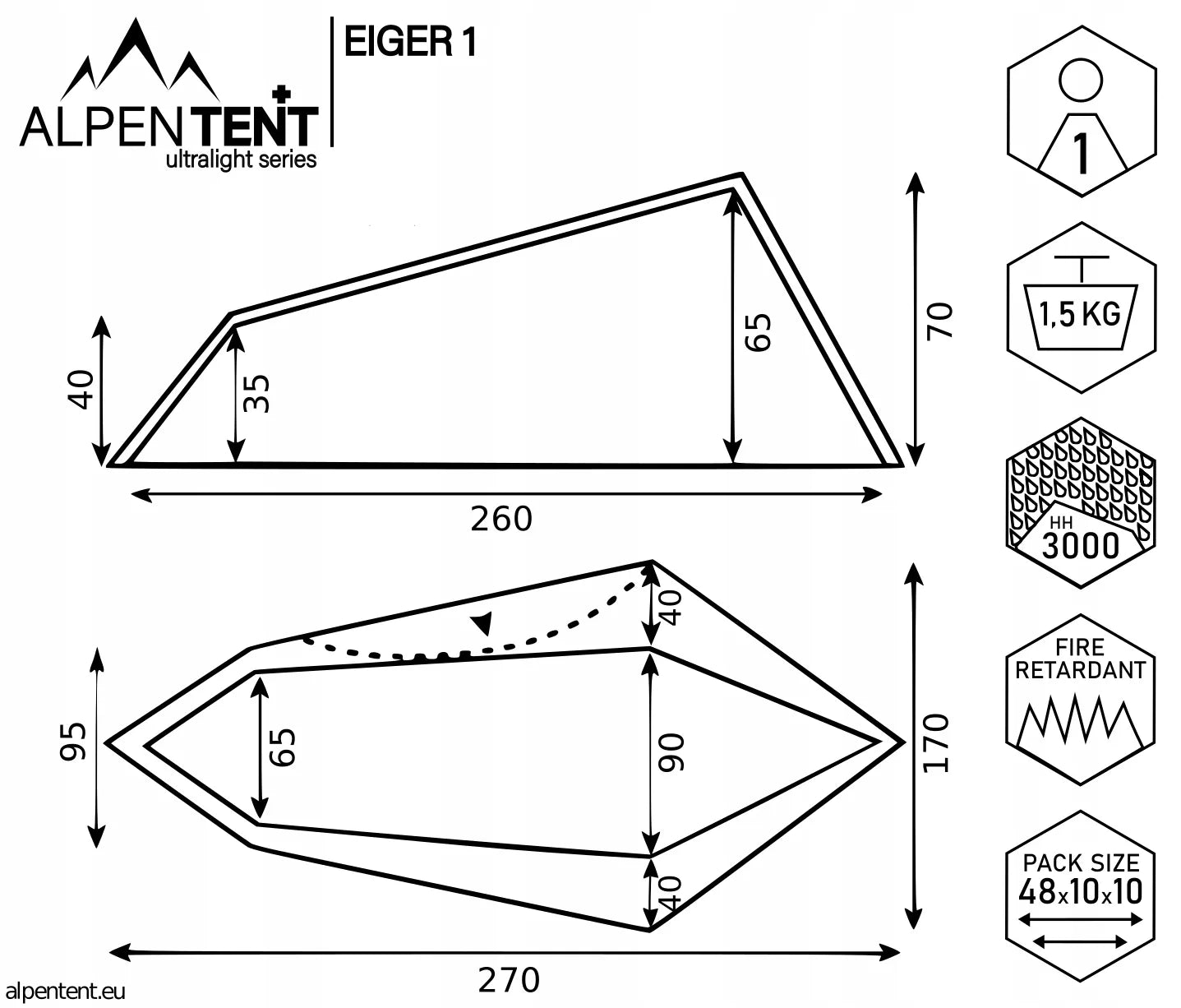 AlpenTent EIGER 1 palapė, vienvietė, lengva (1,5 kg)