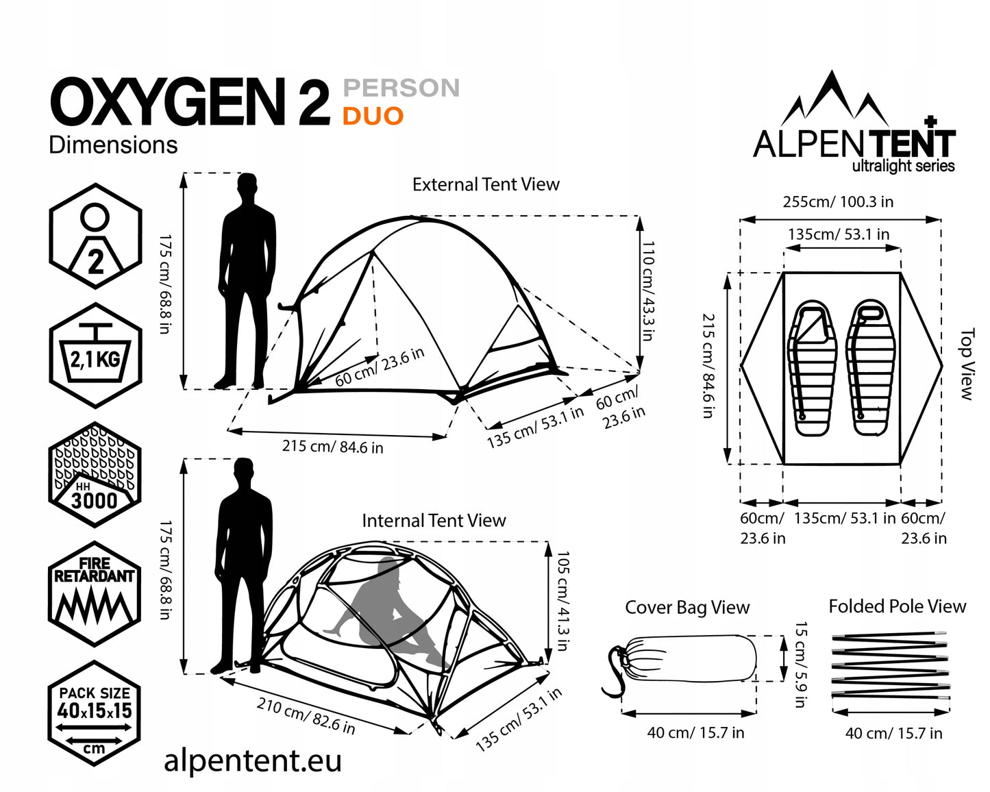 AlpenTent Oxygen 2 Duo lengva dvivietė palapinė, 2,1 kg