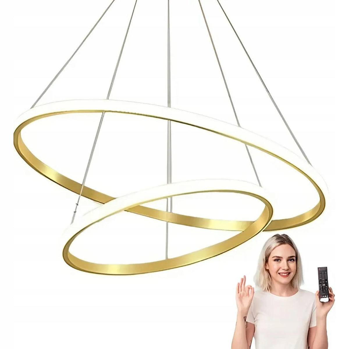 Auksinė pakabinama LED lubinė lempa Mikka su 2 žiedais ir nuotolinio valdymo pulteliu, 60 cm