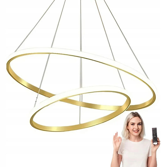 Auksinė pakabinama LED lubinė lempa Mikka su 2 žiedais ir nuotolinio valdymo pulteliu, 60 cm
