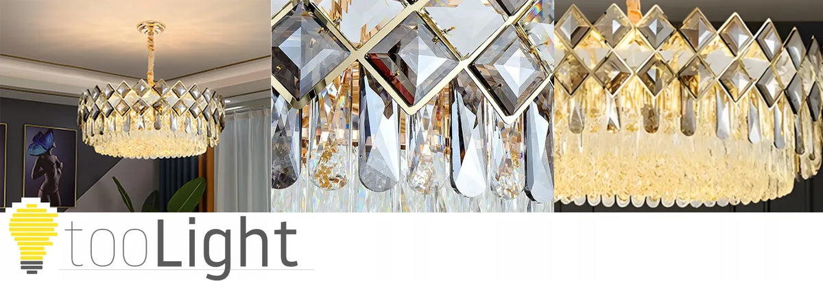 Auksinis krištolinis pakabinamas lubinis šviestuvas „Glamour“ – 8 × E14 TOOLIGHT