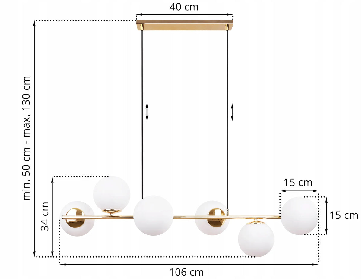 Auksinis pakabinamas lubinis šviestuvas SIENA su 6 baltais stikliniais gaubtais – Light Home