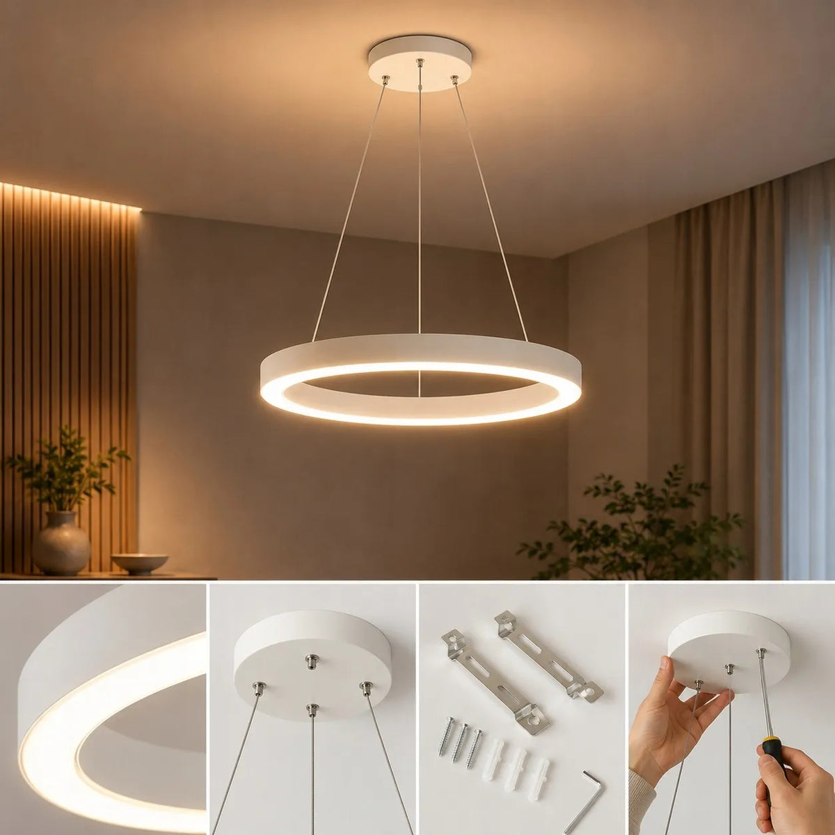 Baltas modernus pakabinamas LED lubinis šviestuvas „Ring“, 9 W, 600 lm, 3000 K