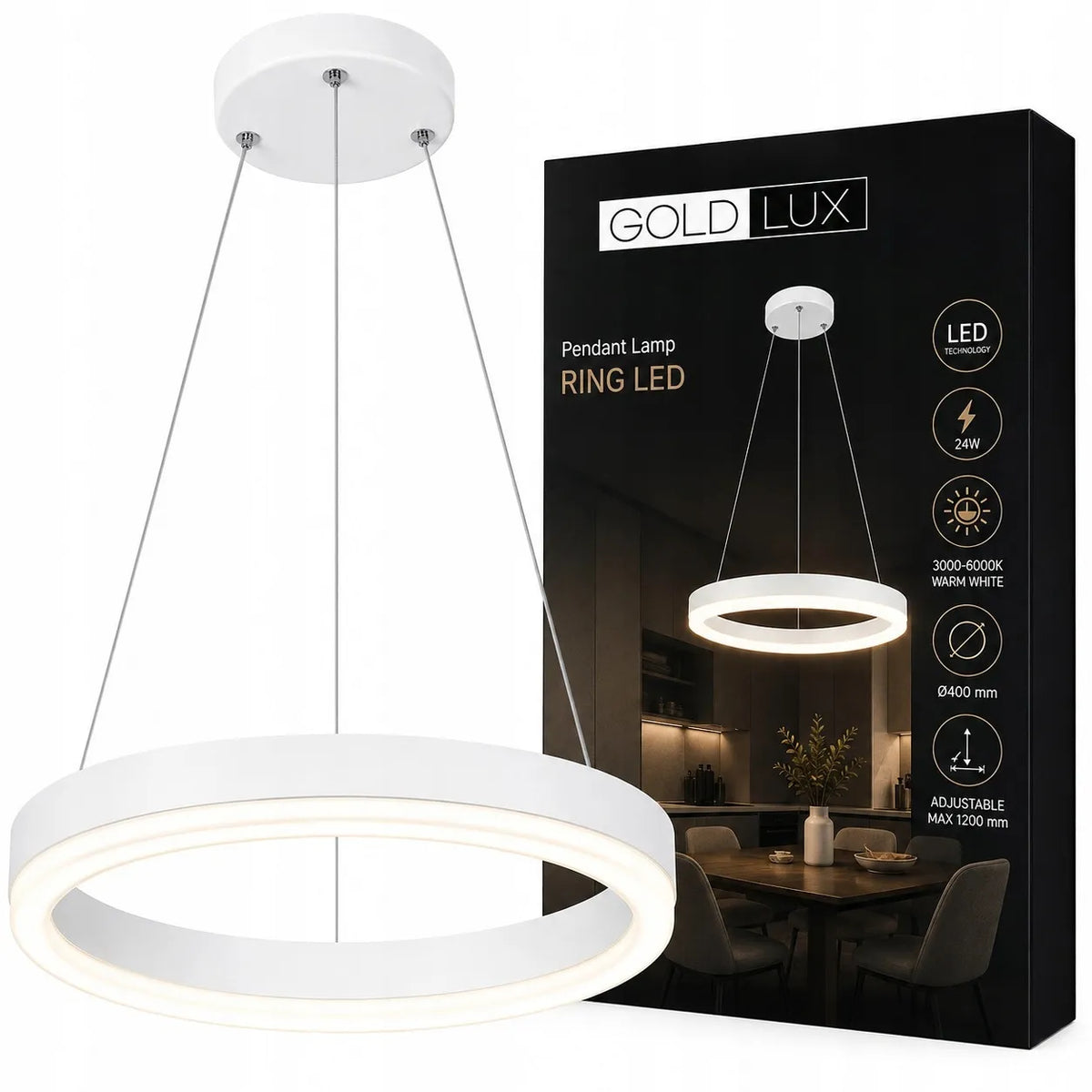 Baltas modernus pakabinamas LED lubinis šviestuvas „Ring“, 9 W, 600 lm, 3000 K