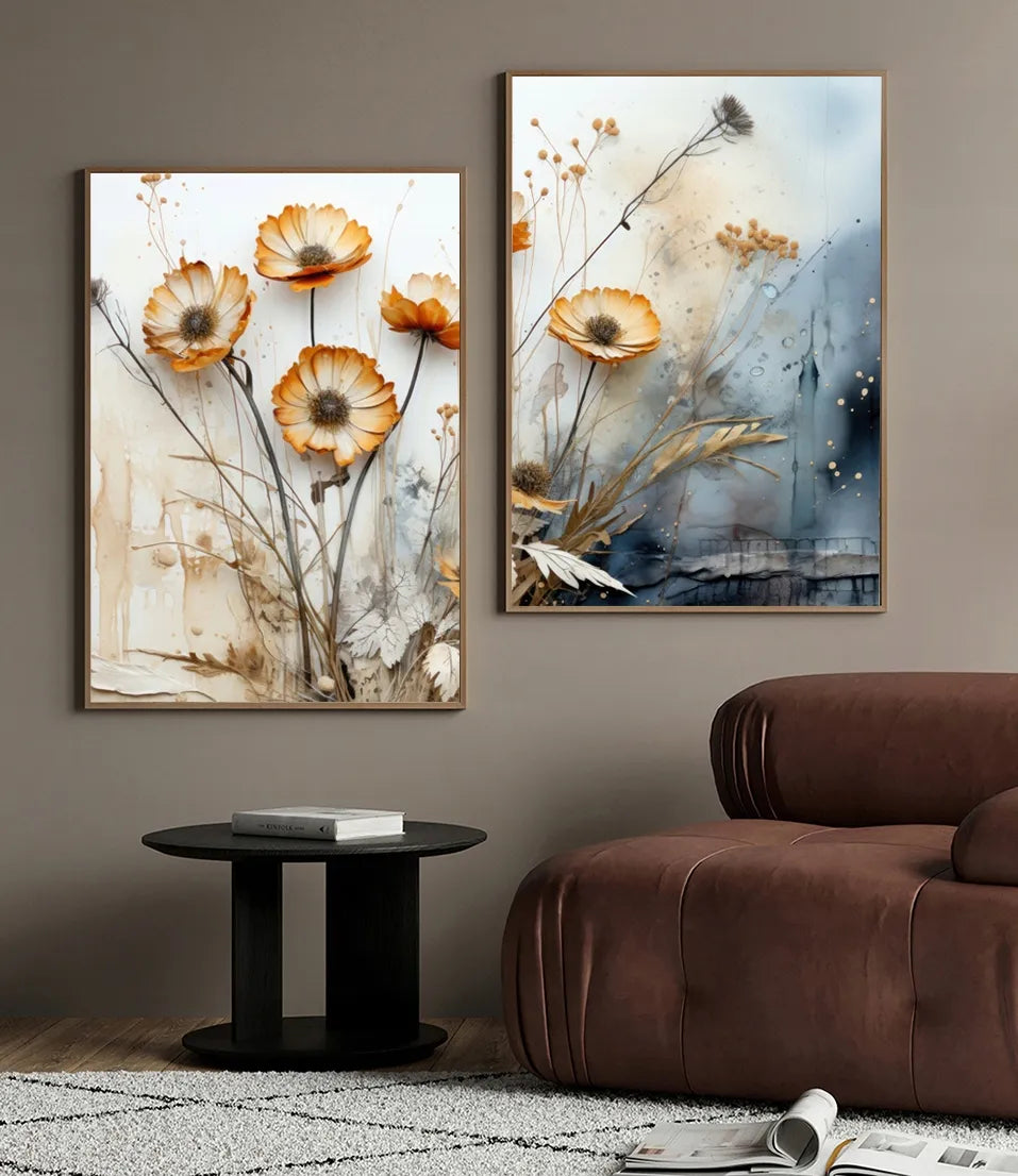 BOHO augalai džiovintos gėlės 2 plakatų rinkinys B2 50x70cm paveikslas smėlio spalvos žolės #379