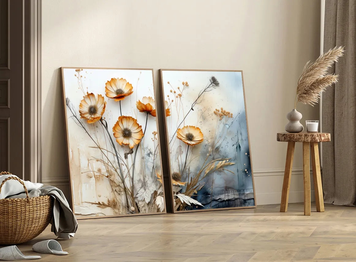 BOHO augalai džiovintos gėlės 2 plakatų rinkinys B2 50x70cm paveikslas smėlio spalvos žolės #379