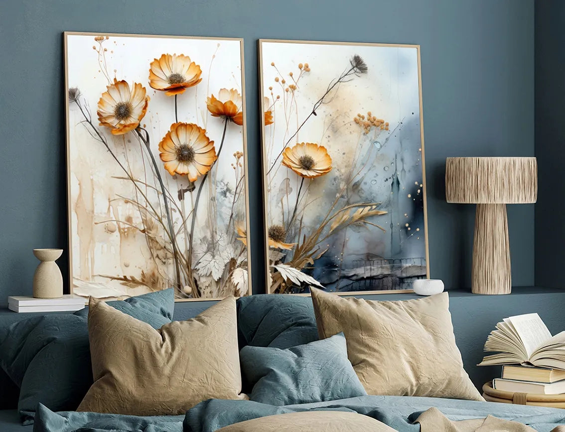 BOHO augalai džiovintos gėlės 2 plakatų rinkinys B2 50x70cm paveikslas smėlio spalvos žolės #379
