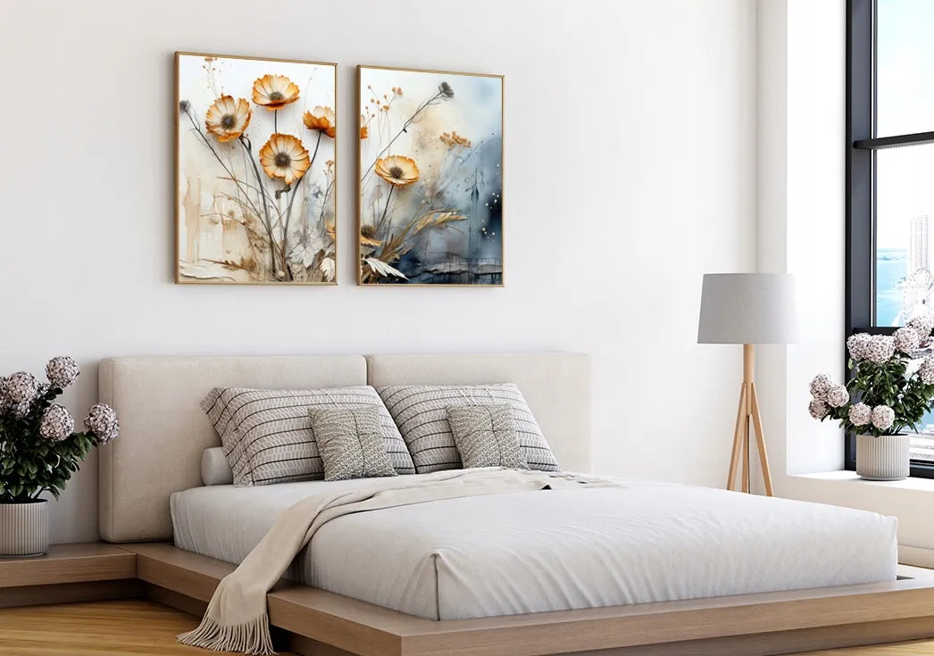BOHO augalai džiovintos gėlės 2 plakatų rinkinys B2 50x70cm paveikslas smėlio spalvos žolės #379