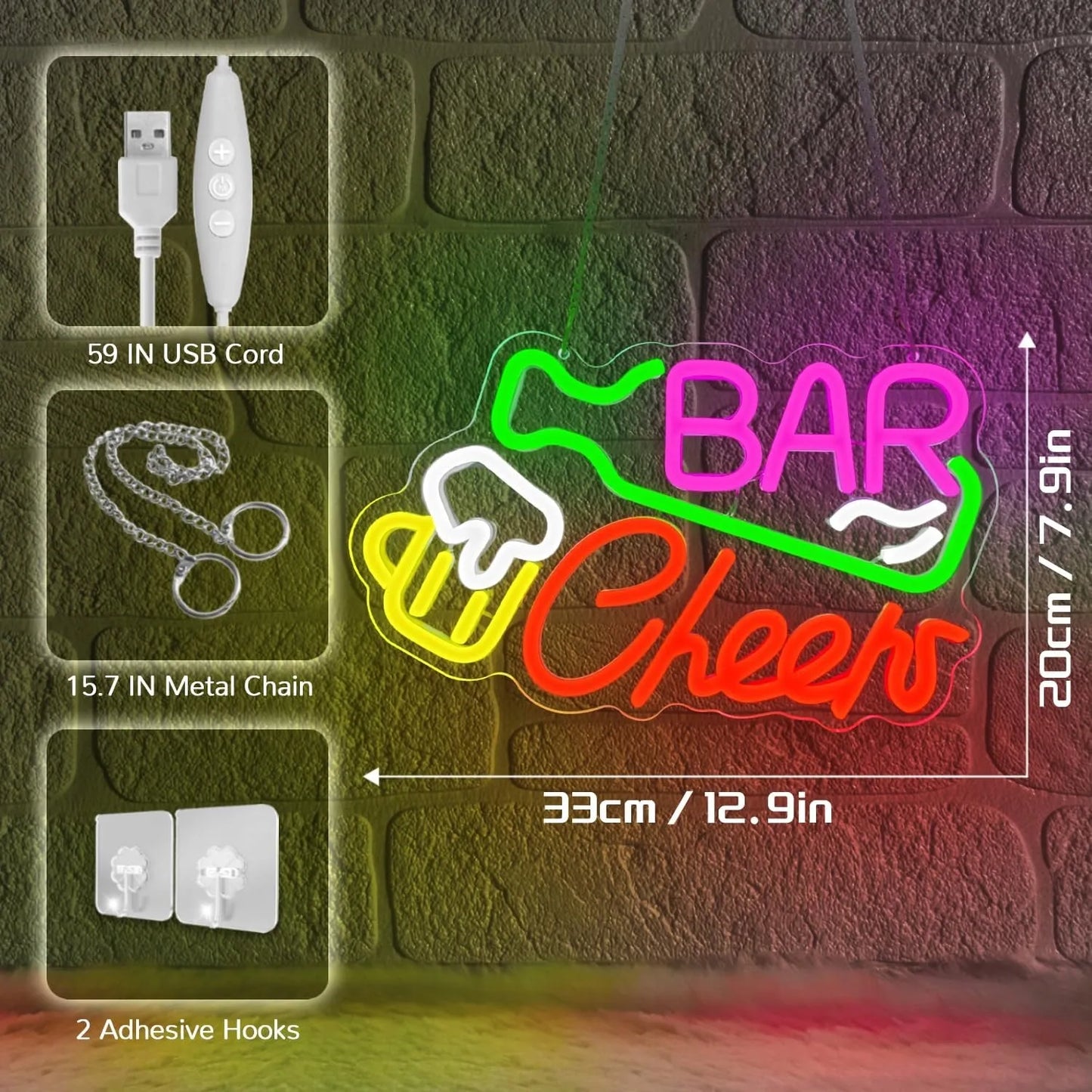 Dekoracinis LED neonas BAR CHEERS, daugiaspalvis, reguliuojamas, 33x20 cm, USB