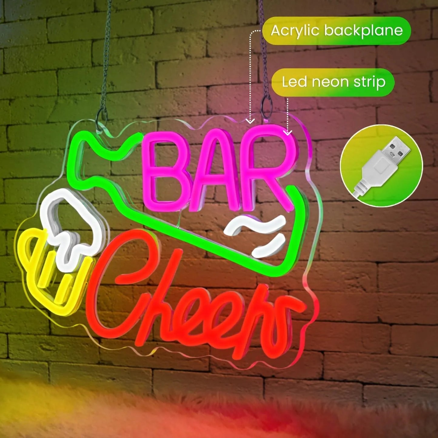 Dekoracinis LED neonas BAR CHEERS, daugiaspalvis, reguliuojamas, 33x20 cm, USB