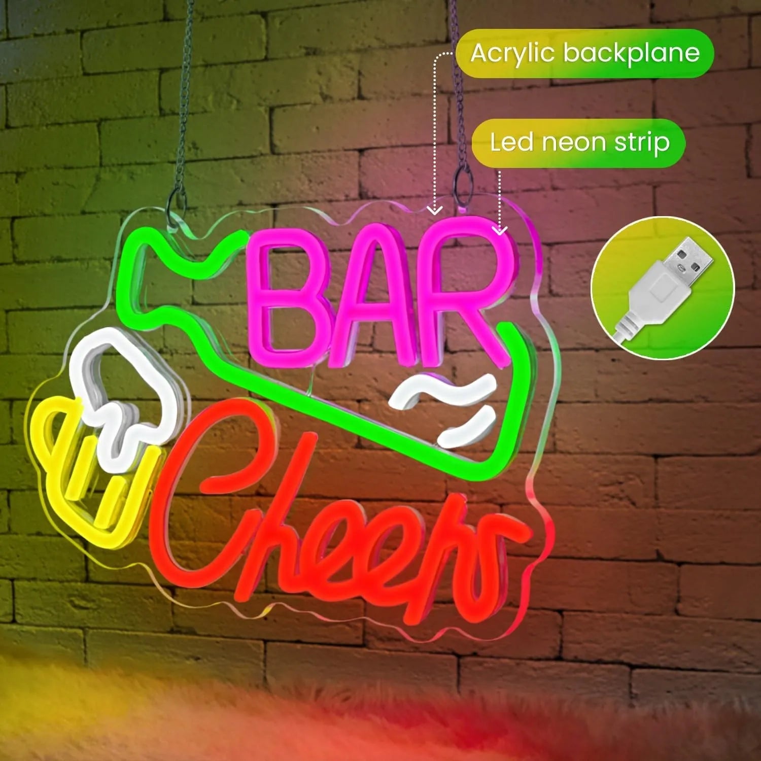 Dekoracinis LED neonas BAR CHEERS, daugiaspalvis, reguliuojamas, 33x20 cm, USB