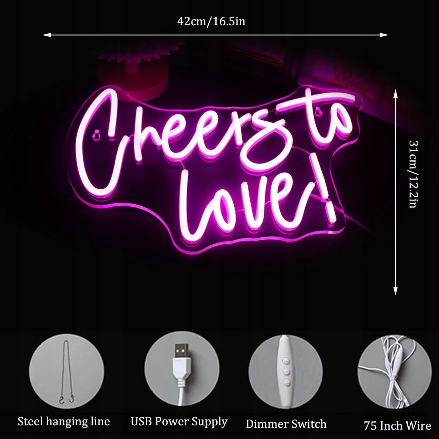 Dekoracinis LED neonas CHEERS TO LOVE rožinis 42x31 cm, pritemdomas, USB