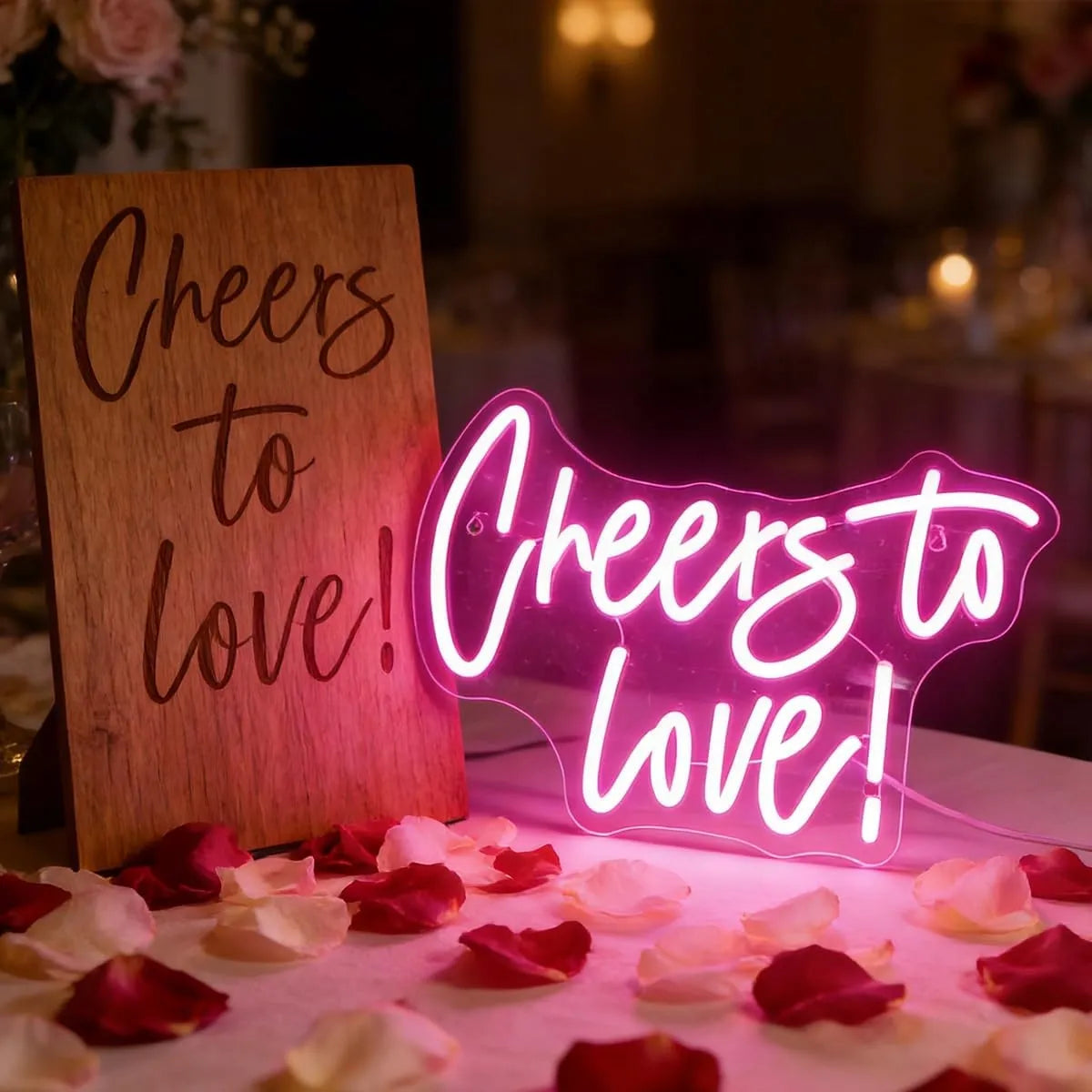 Dekoracinis LED neonas CHEERS TO LOVE rožinis 42x31 cm, pritemdomas, USB