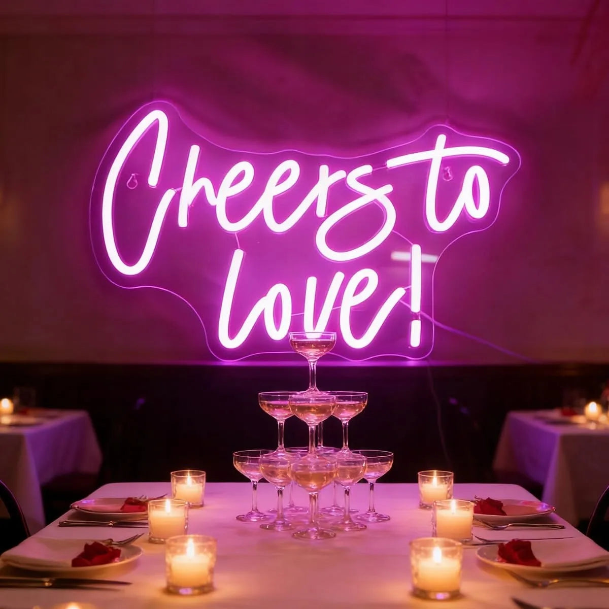 Dekoracinis LED neonas CHEERS TO LOVE rožinis 42x31 cm, pritemdomas, USB