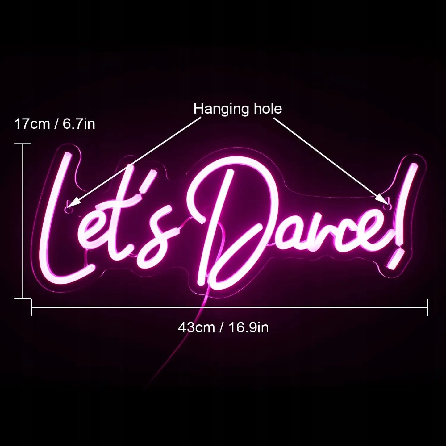 Dekoracinis LED neonas Let's Dance, rožinis, 43x17 cm, su USB jungtimi