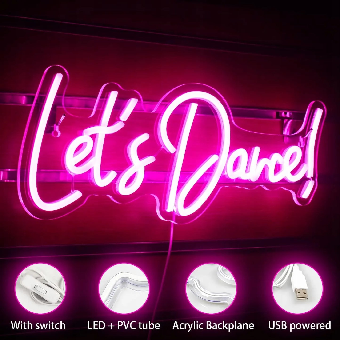 Dekoracinis LED neonas Let's Dance, rožinis, 43x17 cm, su USB jungtimi