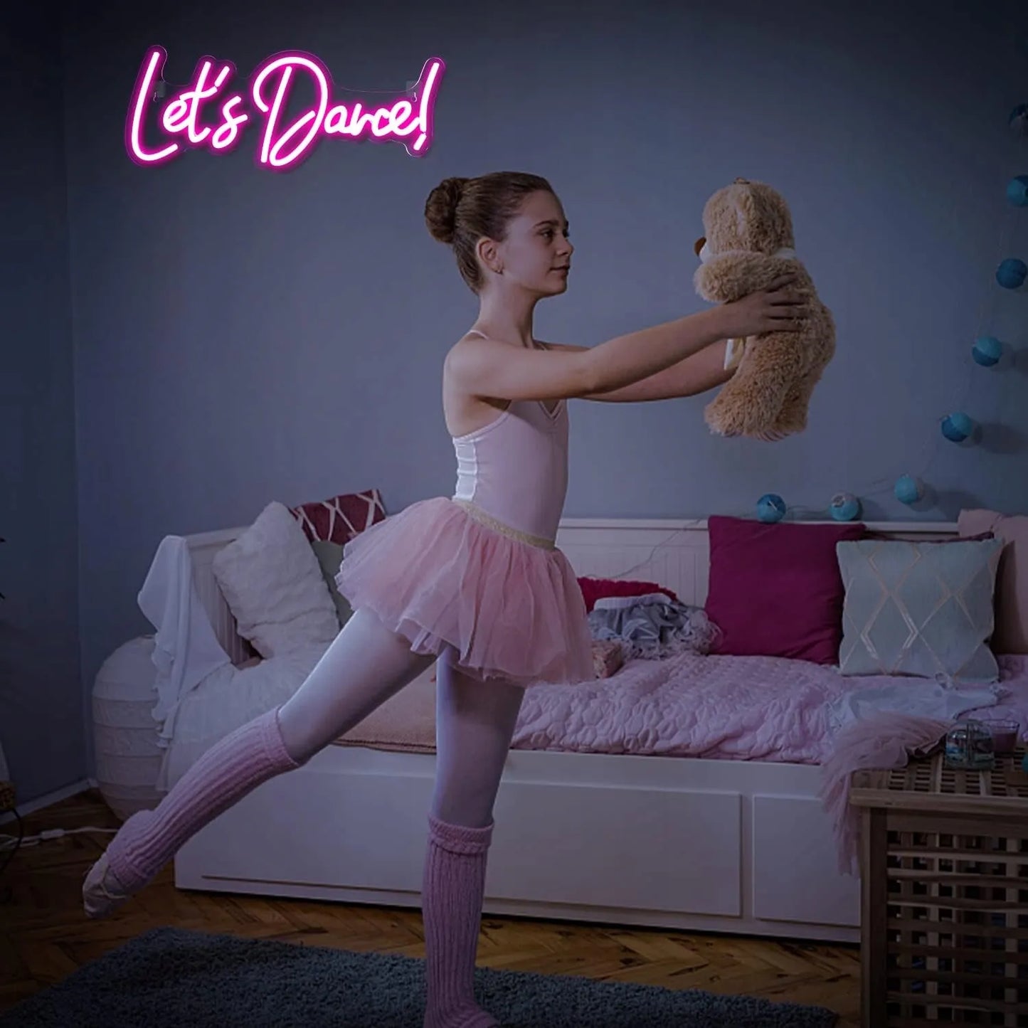 Dekoracinis LED neonas Let's Dance, rožinis, 43x17 cm, su USB jungtimi