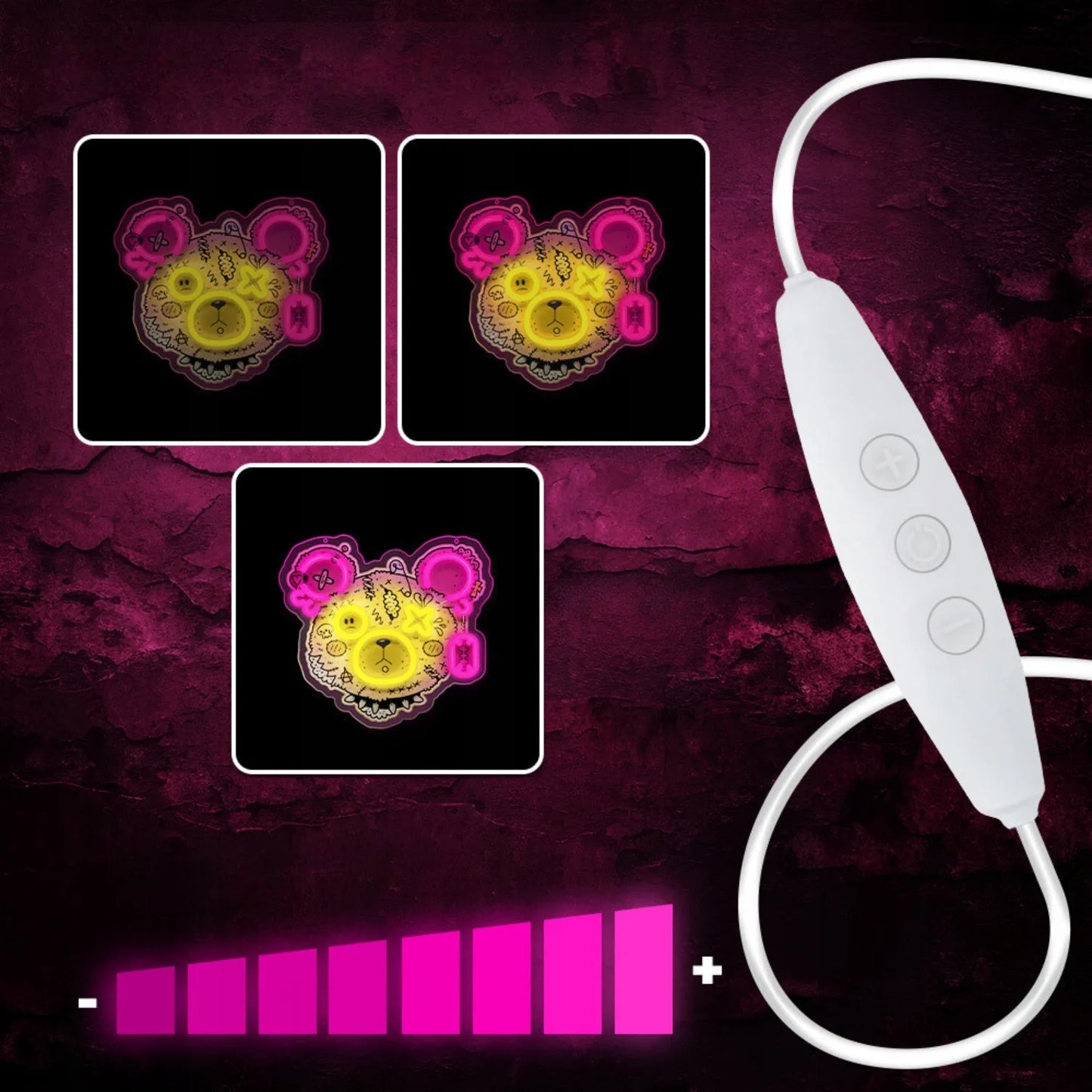 Dekoracinis LED neonas Meškiukas „Punk“ 33 cm USB su reguliatoriumi rožinis geltonas pleksiglas