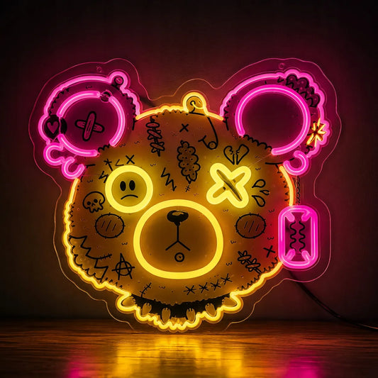 Dekoracinis LED neonas Meškiukas „Punk“ 33 cm USB su reguliatoriumi rožinis geltonas pleksiglas
