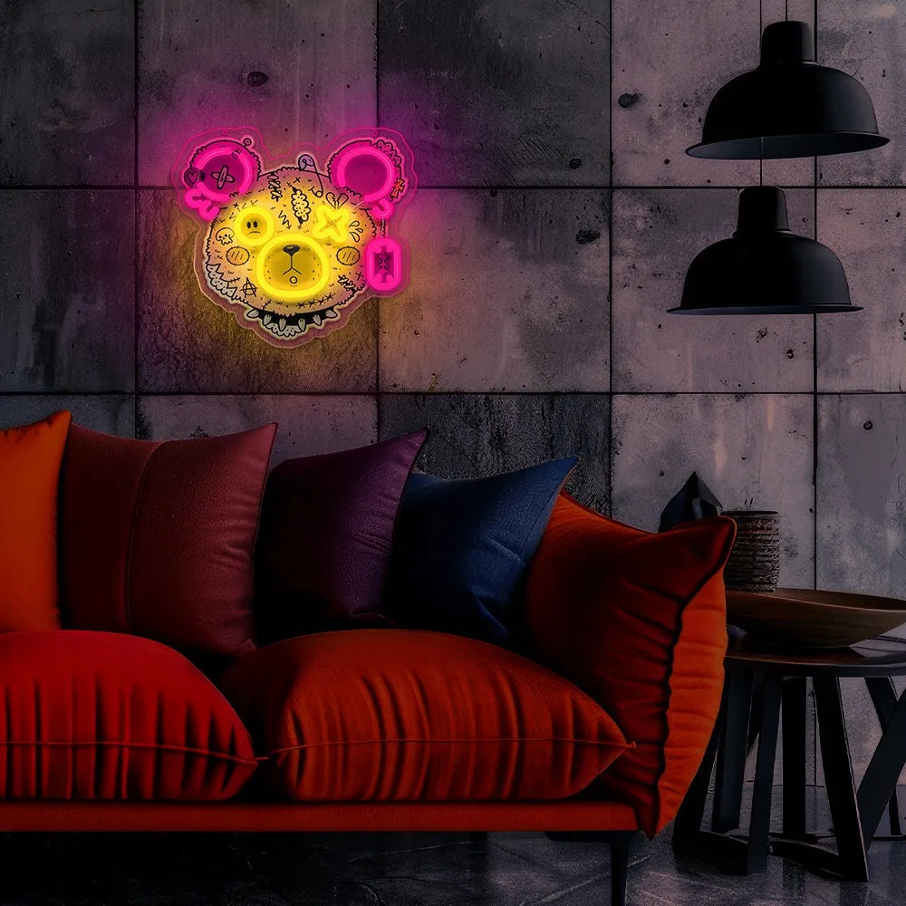 Dekoracinis LED neonas Meškiukas „Punk“ 33 cm USB su reguliatoriumi rožinis geltonas pleksiglas