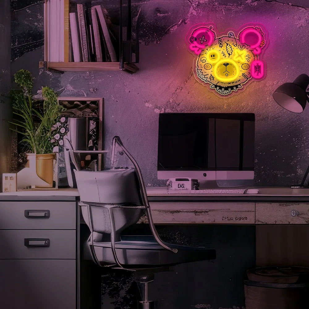 Dekoracinis LED neonas Meškiukas „Punk“ 33 cm USB su reguliatoriumi rožinis geltonas pleksiglas