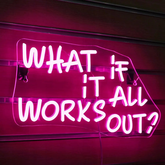 Dekoracinis LED neonas Wanxing „WHAT IF IT ALL WORKS OUT“, rožinis, 41x22 cm, su USB jungtimi