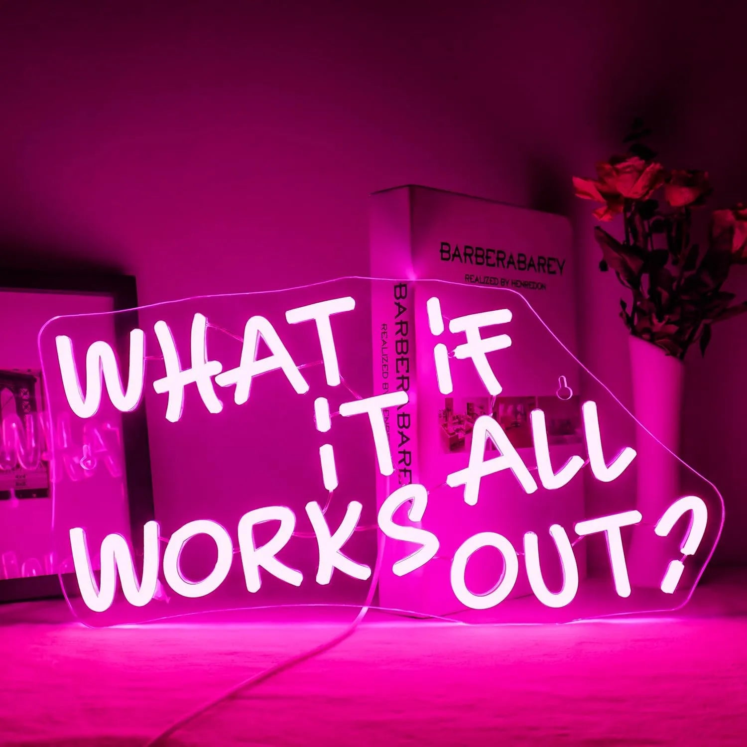 Dekoracinis LED neonas Wanxing „WHAT IF IT ALL WORKS OUT“, rožinis, 41x22 cm, su USB jungtimi