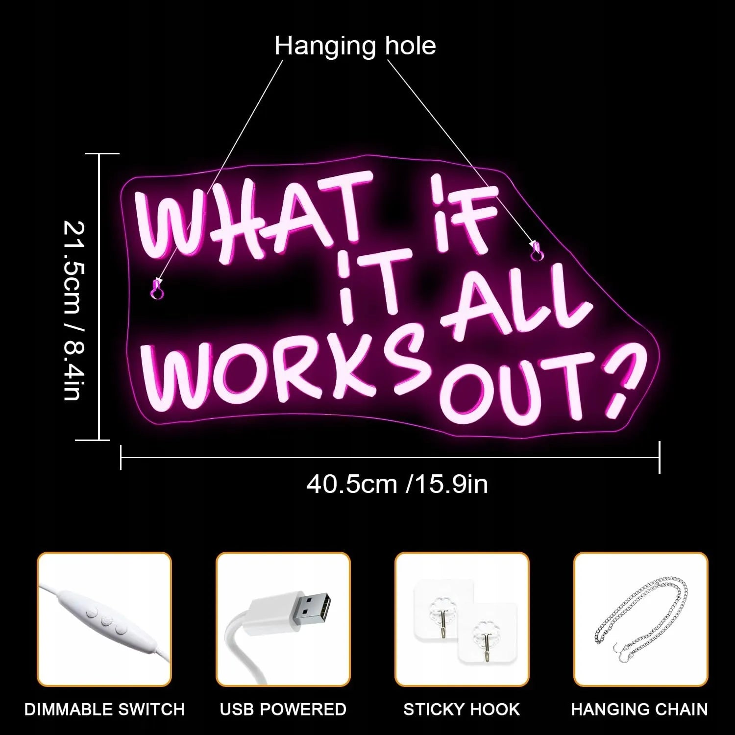 Dekoracinis LED neonas Wanxing „WHAT IF IT ALL WORKS OUT“, rožinis, 41x22 cm, su USB jungtimi