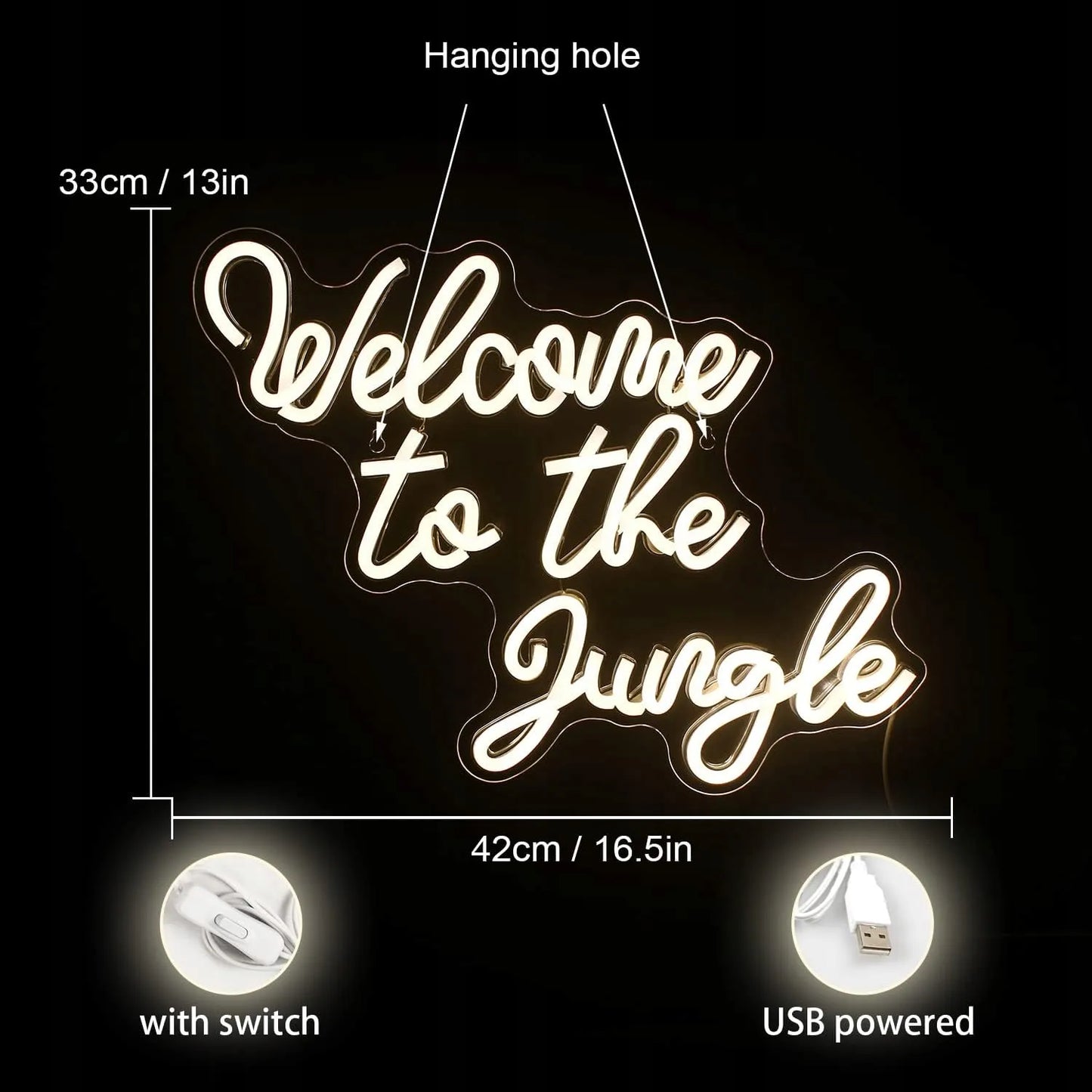 Dekoracinis LED neonas WELCOME TO THE JUNGLE, šiltai balta spalva, 42x33 cm, USB