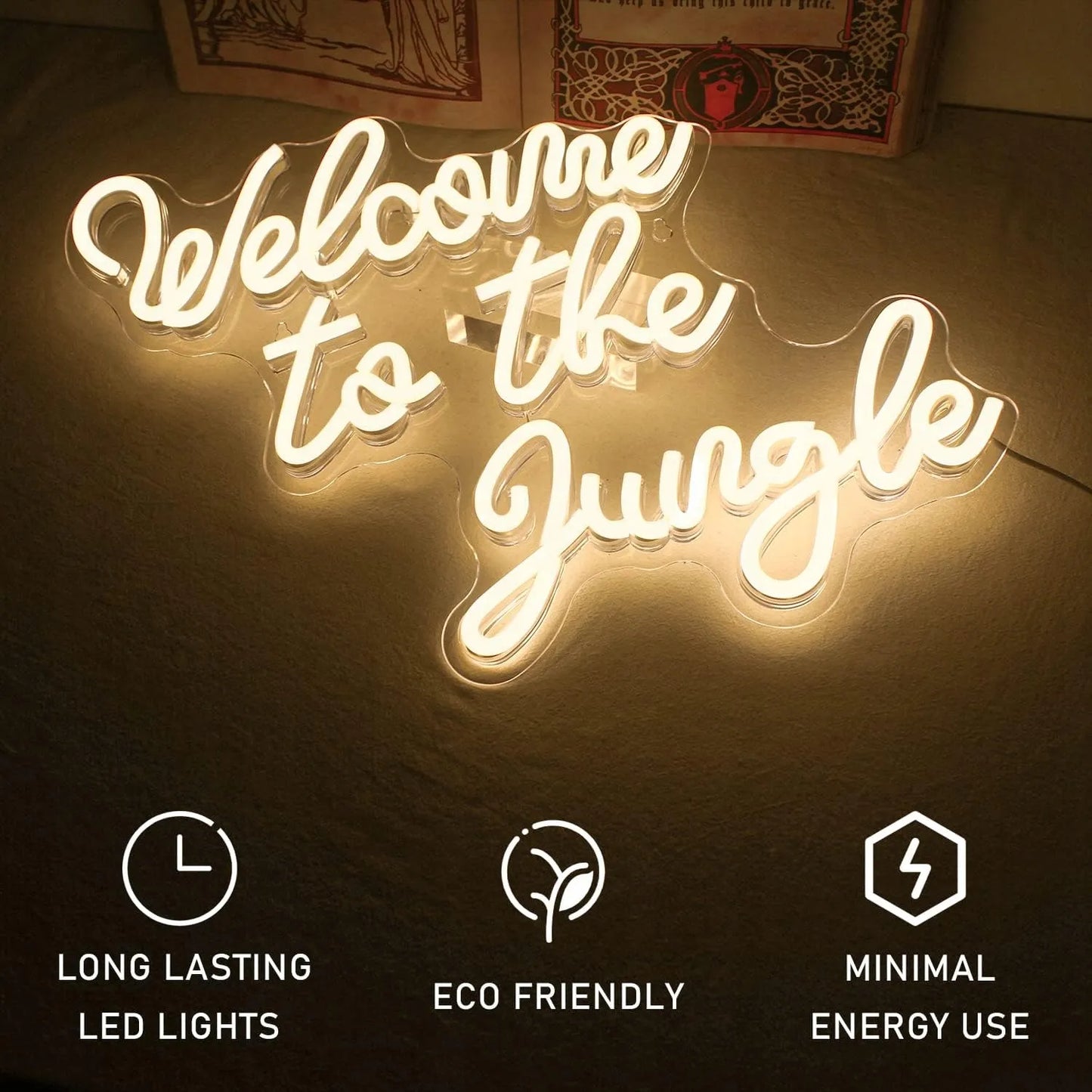 Dekoracinis LED neonas WELCOME TO THE JUNGLE, šiltai balta spalva, 42x33 cm, USB