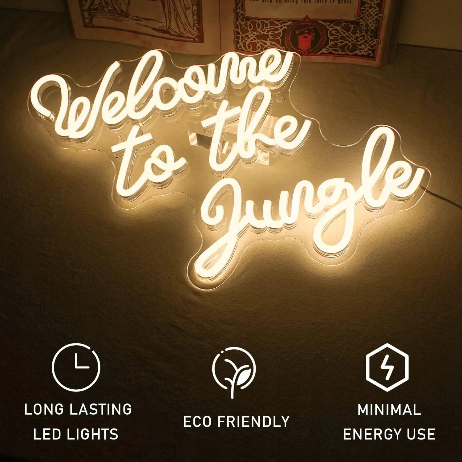 Dekoracinis LED neonas WELCOME TO THE JUNGLE, šiltai balta spalva, 42x33 cm, USB