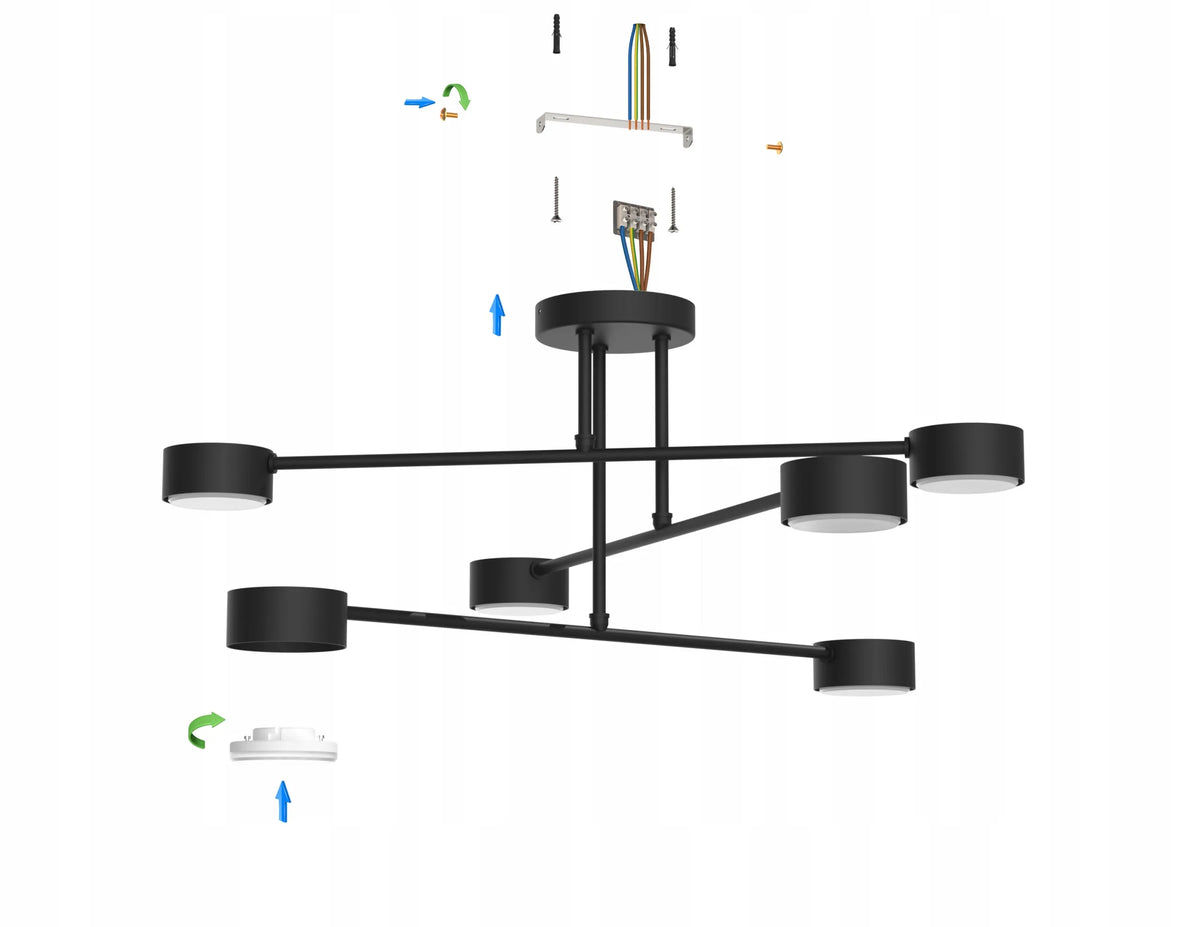 Didelis minimalistinis juodas loft stiliaus lubinis šviestuvas – 6 × GX53