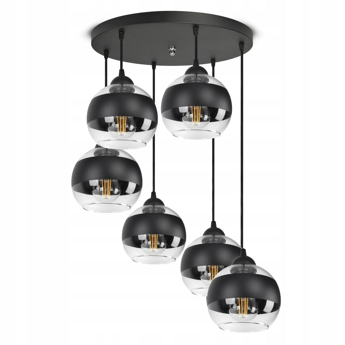 Didelis pakabinamas lubinis šviestuvas Luxolar „Black Belt“ su juodais stikliniais rutulio formos gaubtais, 6 × E27
