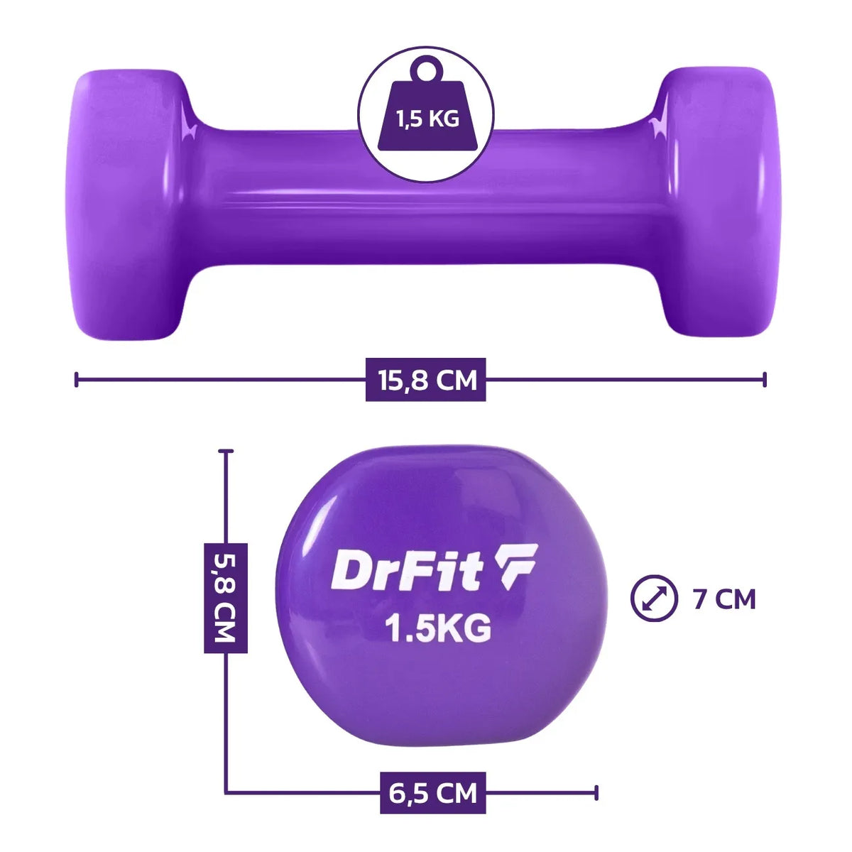 DrFit 6 hanteli rinkinys su stovu, fitness ir kardio treniruotėms, 6 kg (2x 0,5 kg, 2x 1 kg, 2x 1,5 kg)