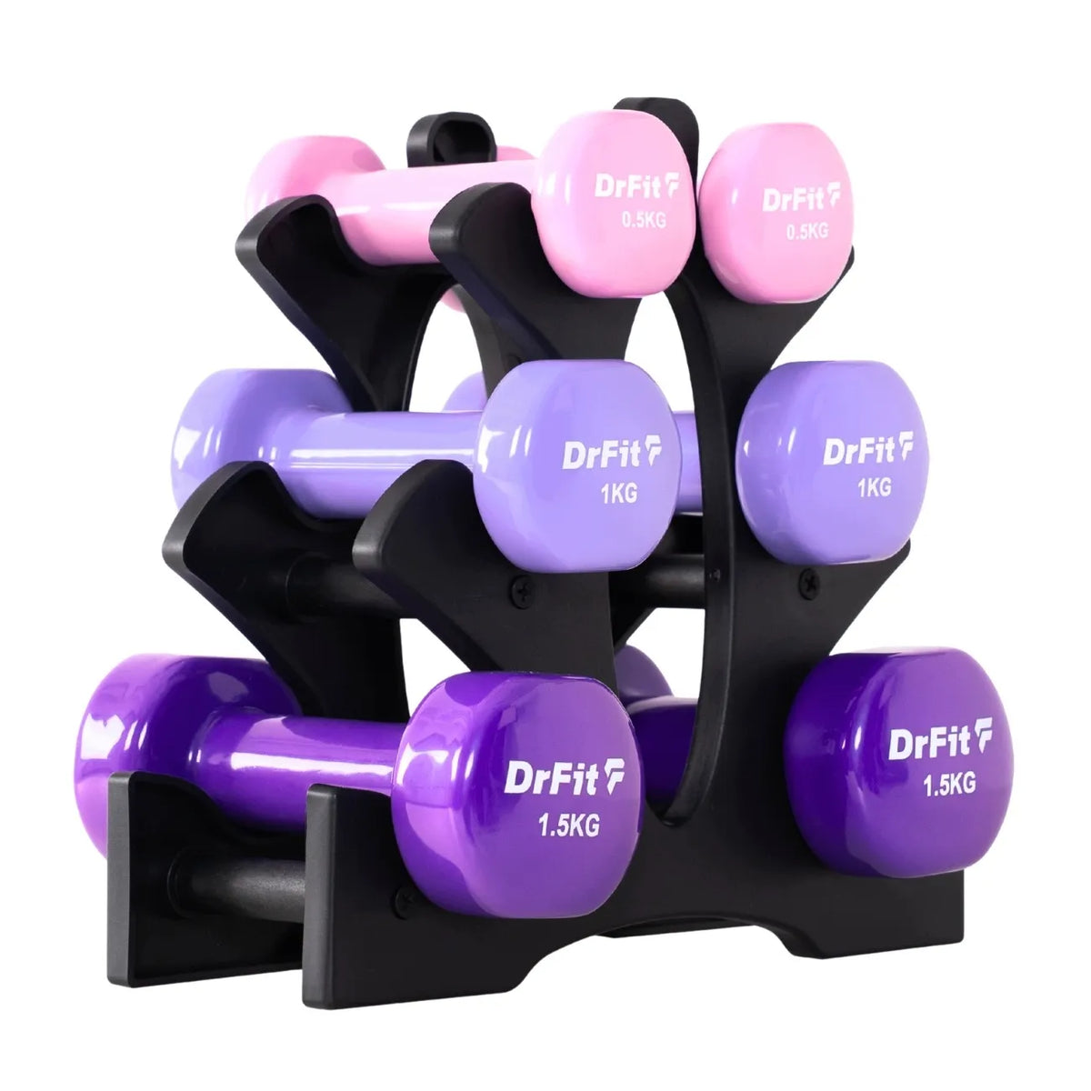 DrFit 6 hanteli rinkinys su stovu, fitness ir kardio treniruotėms, 6 kg (2x 0,5 kg, 2x 1 kg, 2x 1,5 kg)