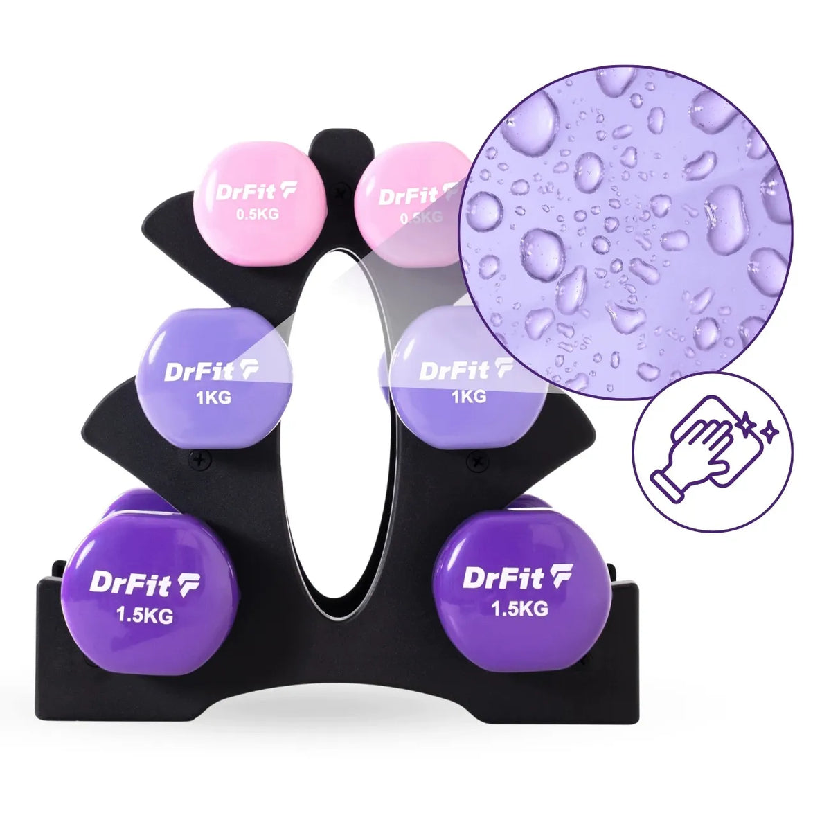 DrFit 6 hanteli rinkinys su stovu, fitness ir kardio treniruotėms, 6 kg (2x 0,5 kg, 2x 1 kg, 2x 1,5 kg)